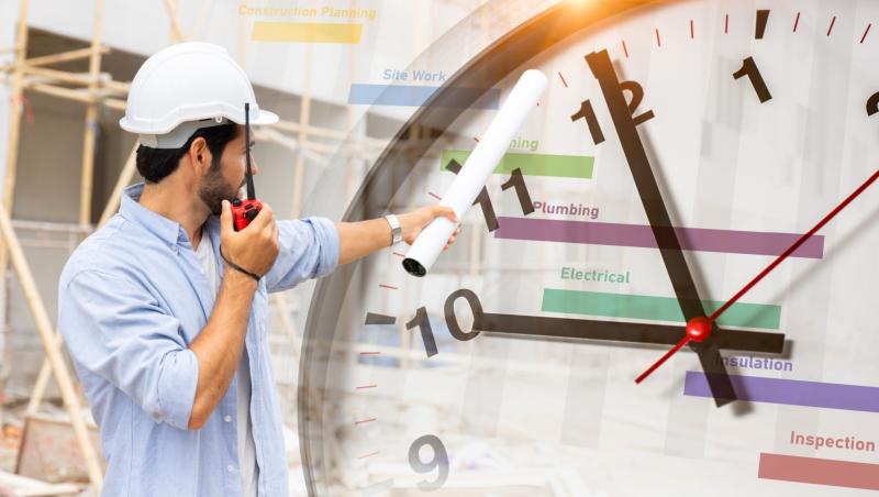 Muncitor în construcții, cronologia proiectului și un ceas de lucru pentru controlul timpului punctual al procesului de construcție