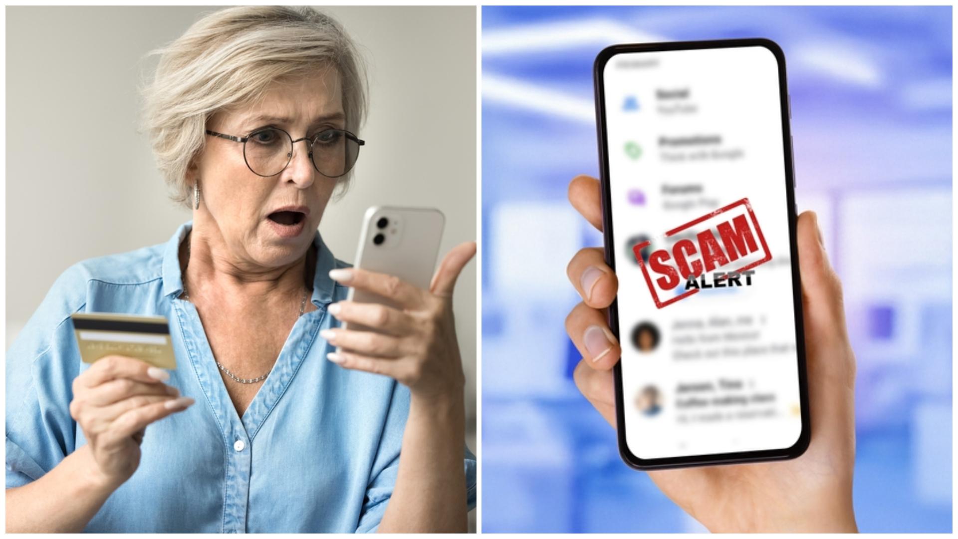 O femeie în vârstă cu cardul în mână uitându-se la telefon și un mobil care anunță o aleră de înșelătorie