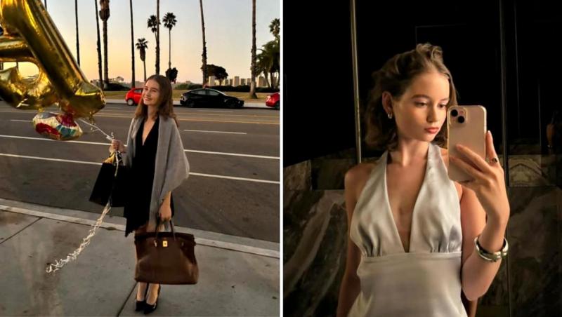 Două imagini Irina Columbeanu îmbrăcată elegant