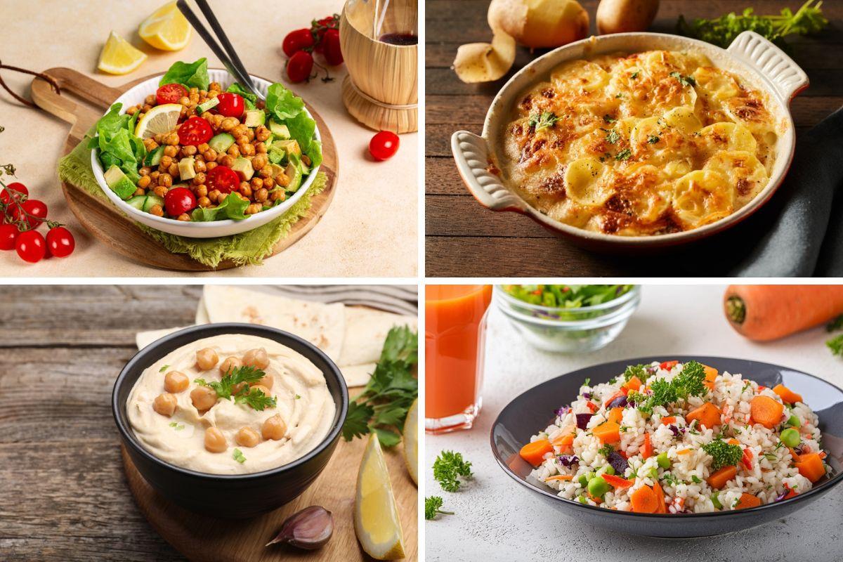 4 farfurii cu mâncare: salată de năut, cartofi gratinați, humus și orez cu legume