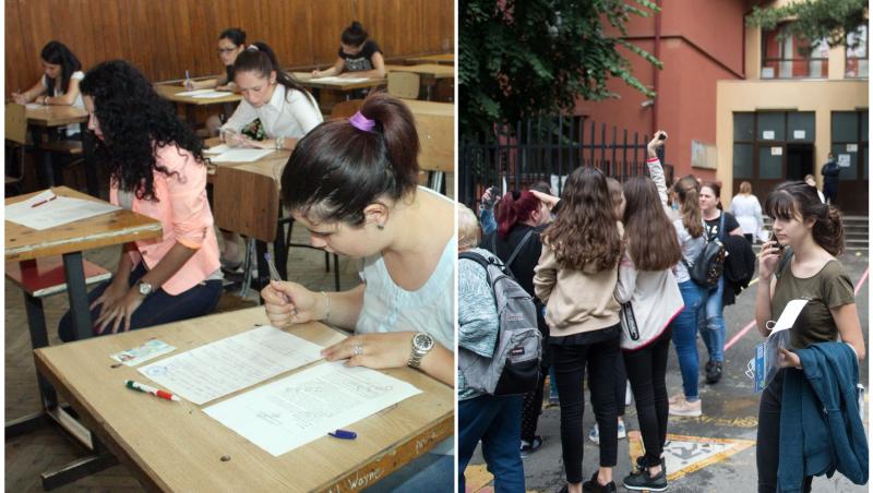 colaj foto cu elevi la examen si elevi afara scolii