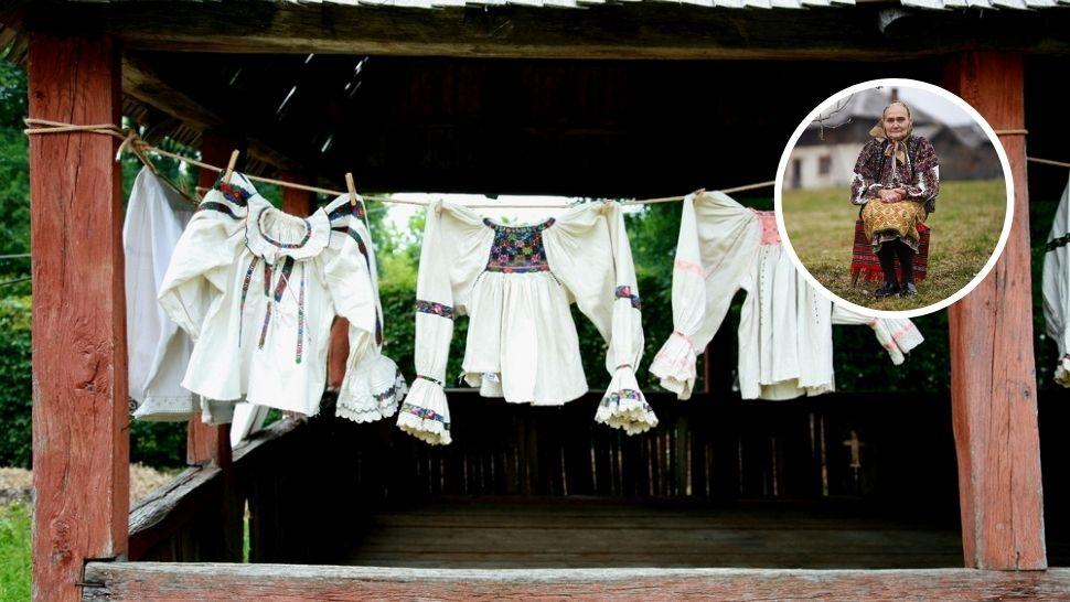 colaj cămăși trdiționale întinse pe o sârmă și  bătrână în costum popular românesc