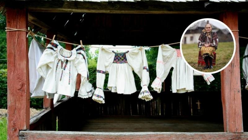 colaj cămăși trdiționale întinse pe o sârmă și  bătrână în costum popular românesc
