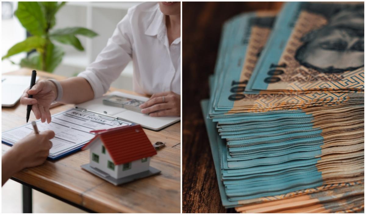 colaj foto cu persoana care explica la birou un credit si imagine cu bani romanesti