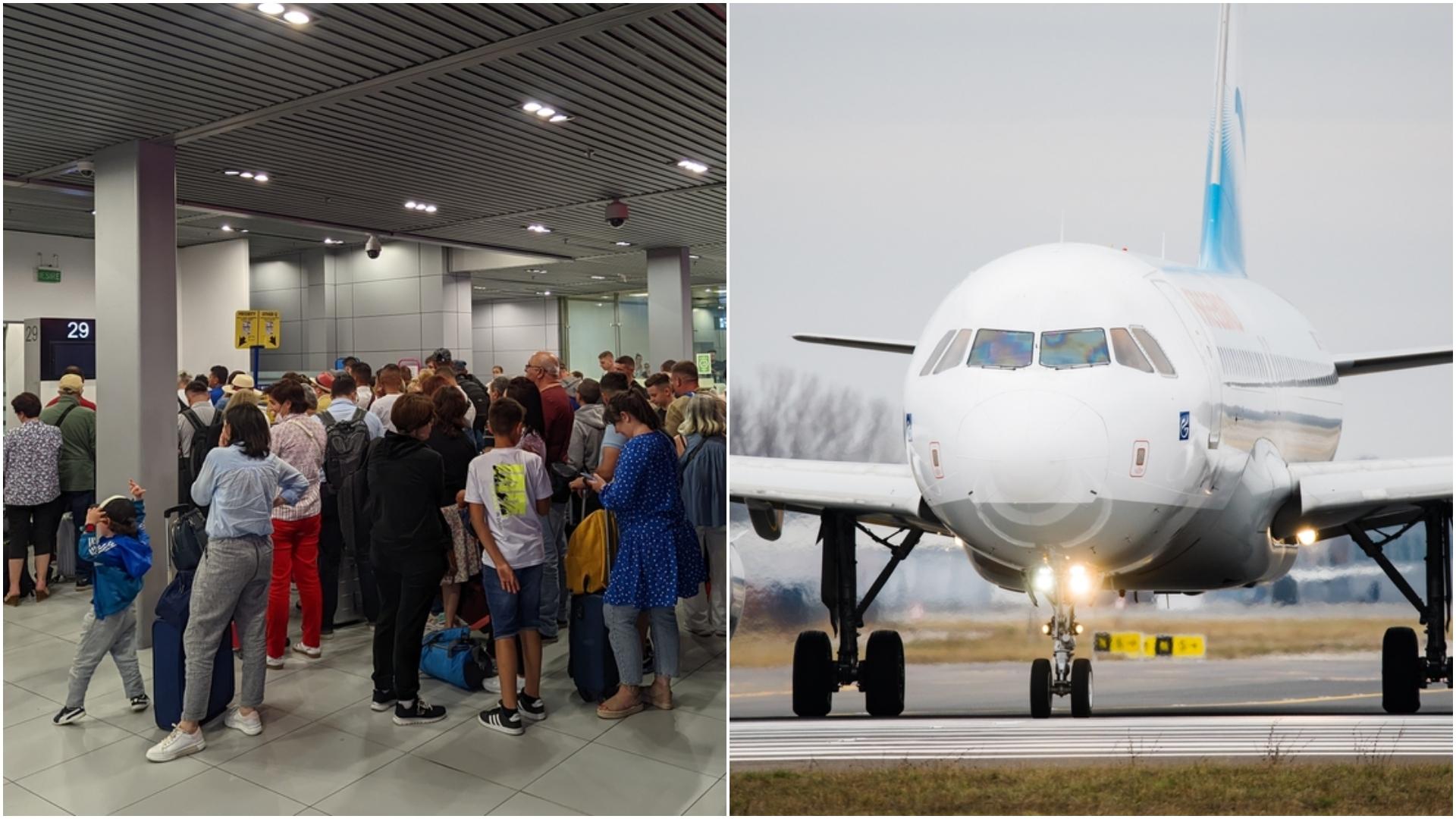 colaj foto oameni pe aeroportul otopeni la coada si un avion pe pista