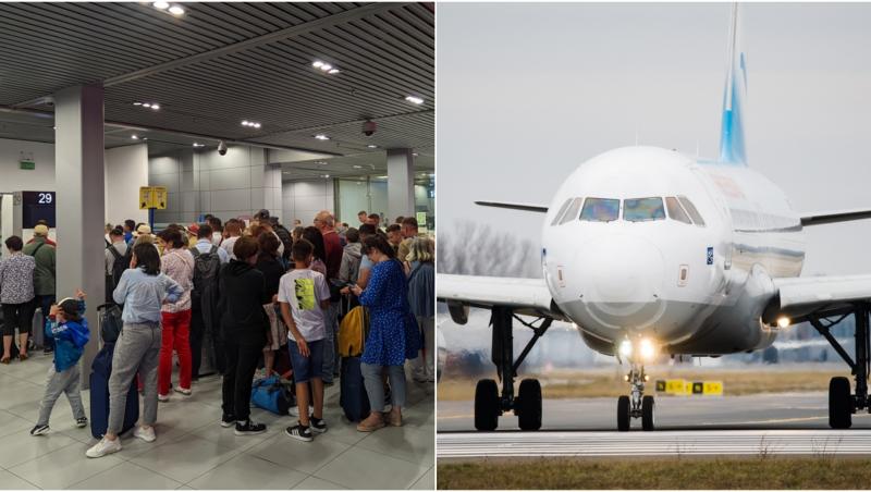 colaj foto oameni pe aeroportul otopeni la coada si un avion pe pista