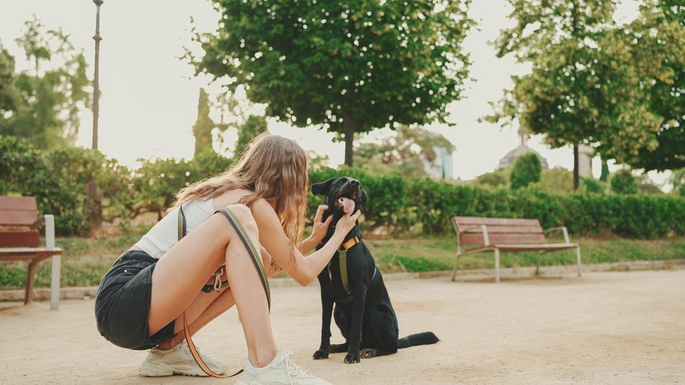 imagine cu o fata care se plimba în parc cu cainele