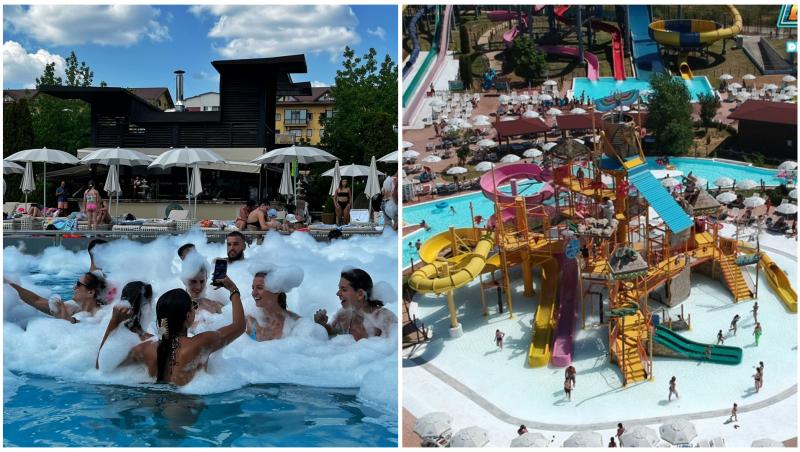 Români care se distrează în piscină și tobogane uriașe