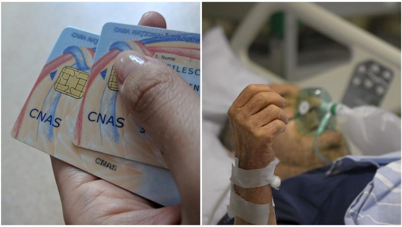 Un bărbat bolnav pe patul de spital, sigla CNAS și carduri de sănătate