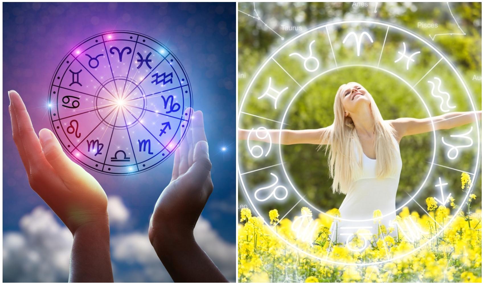 colaj foto cu maini spre cer si cerc cu cele 12 zodii si imagine cu femeie in lan cu flori si cerc cu cele 12 zodii