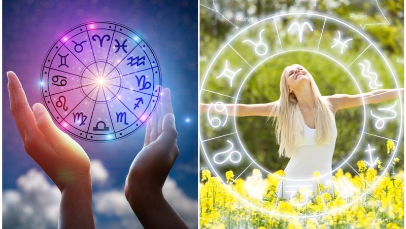 colaj foto cu maini spre cer si cerc cu cele 12 zodii si imagine cu femeie in lan cu flori si cerc cu cele 12 zodii