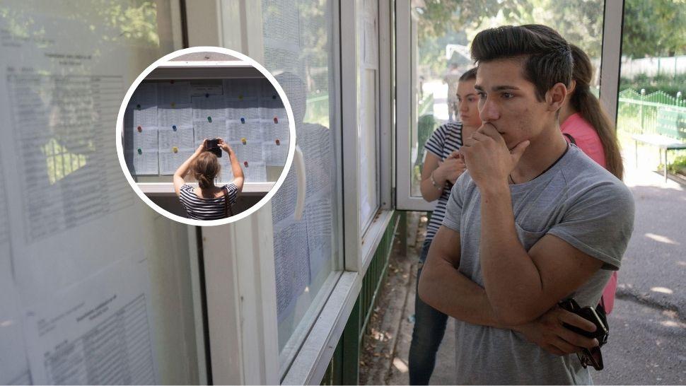 colaj elev în fața rezultatelor la bac și persoană care fotografiază rezultatele la bac