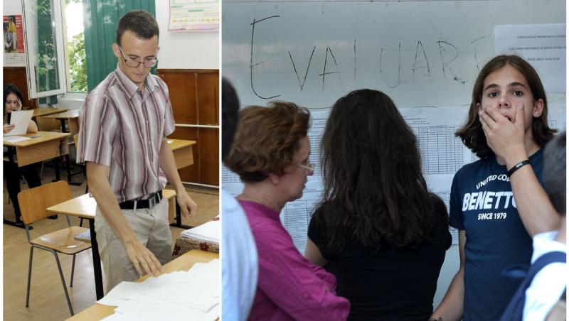 colaj foto cu profesor in cancelarie si elevi la avizier