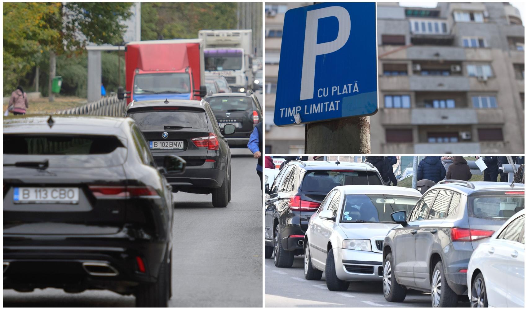 colaj foto cu masini in bucuresti si semn de parcare albastru