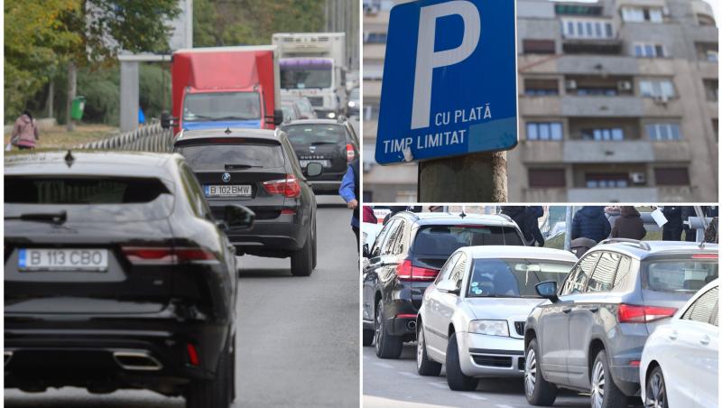 colaj foto cu masini in bucuresti si semn de parcare albastru