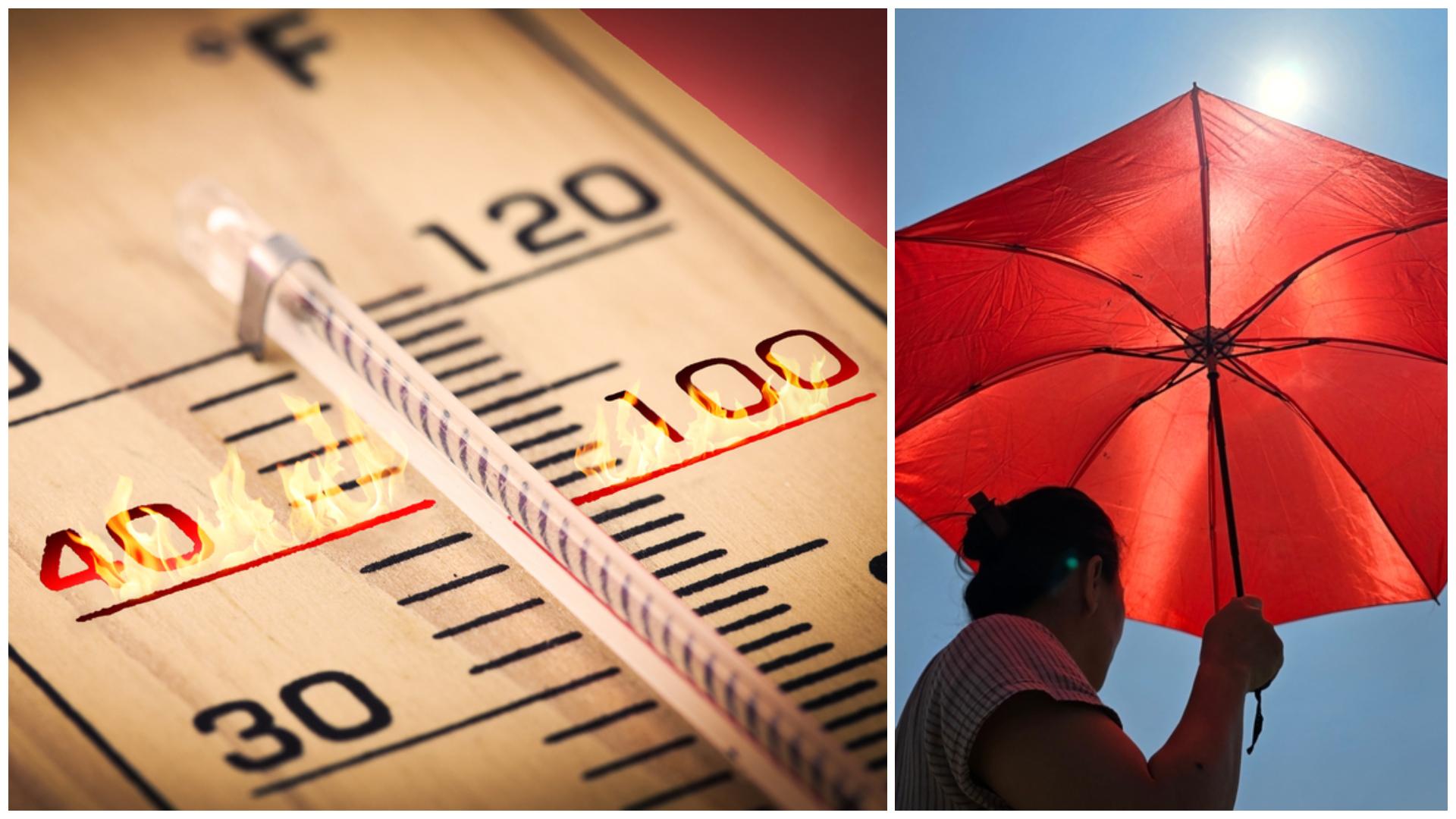 Colaj cu un termometru ce indica 40 de grade Celsius și o femeie cu umbrela care se ferește de soare