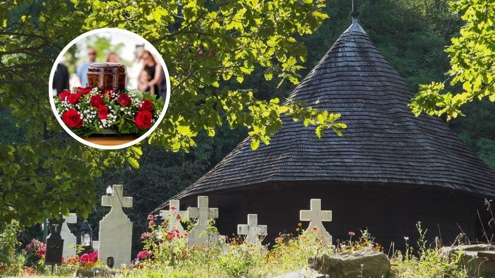 colaj cimitir în curtea unei biserici și urnă cu cenușă înconjurată de flori și oameni