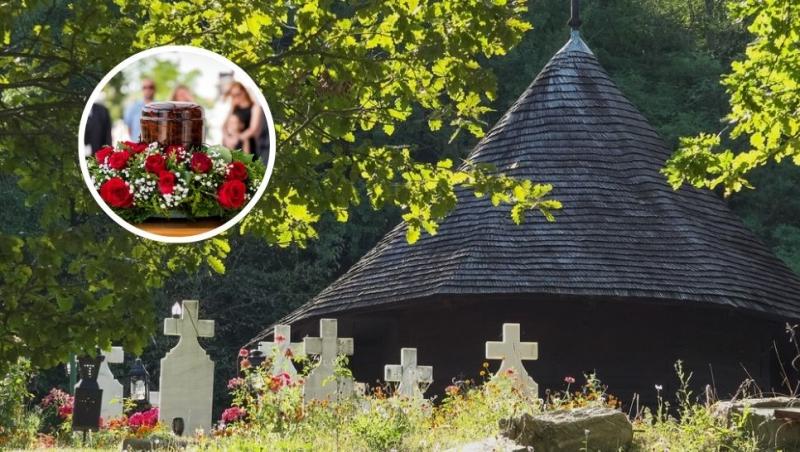 colaj cimitir în curtea unei biserici și urnă cu cenușă înconjurată de flori și oameni