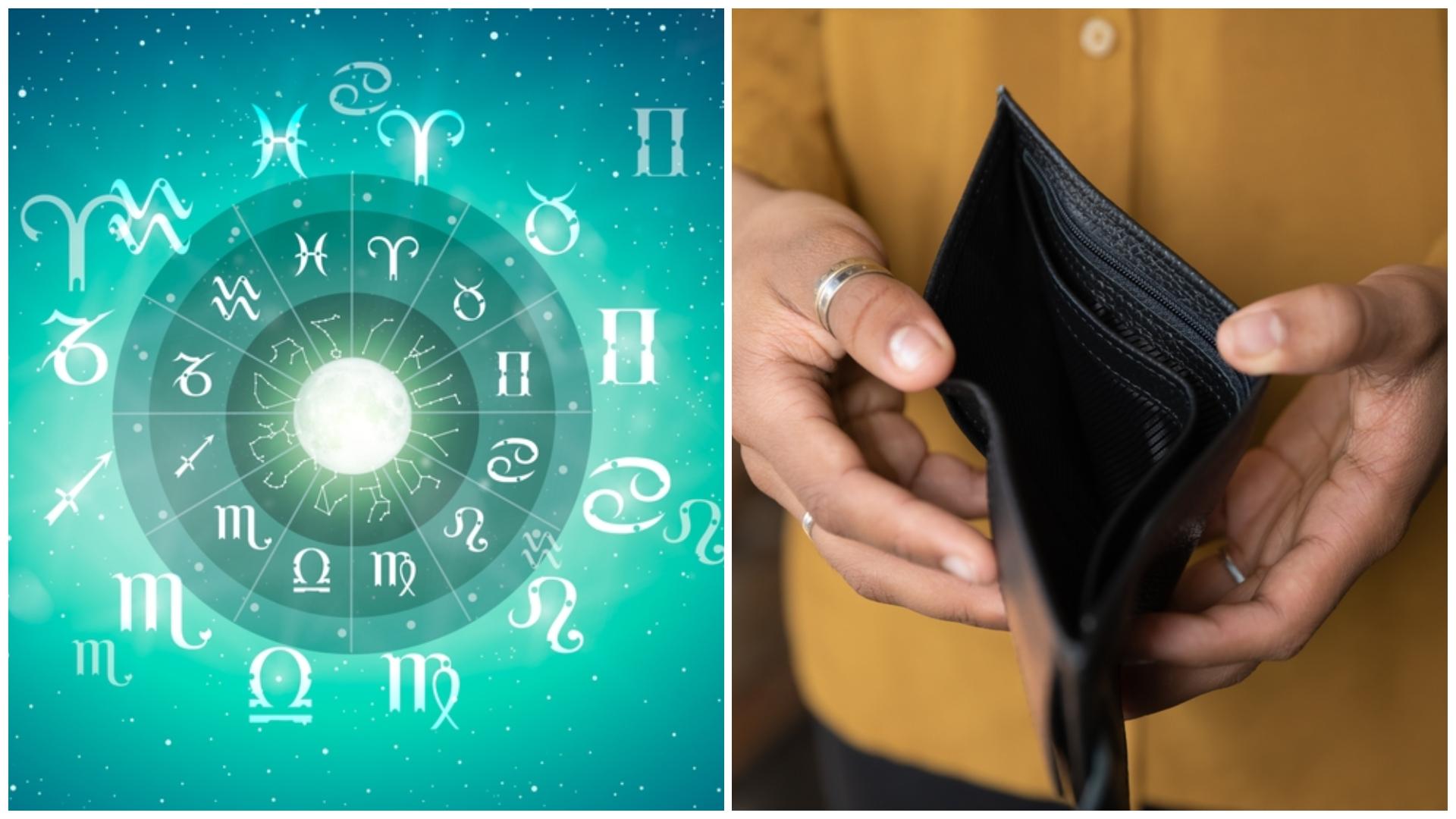 Colaj cu o roată cu semne zodiacale și un bărbat cu portofel negru și gol