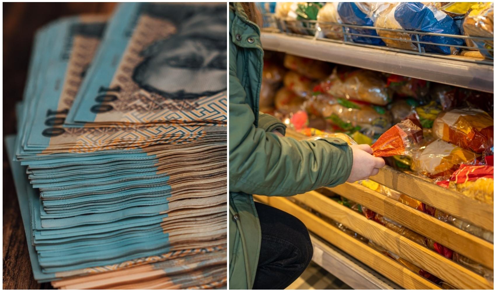 colaj foto cu bani romanesti si femeie la magazin cumparand paine