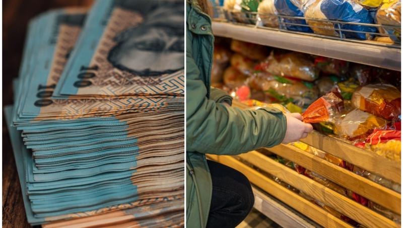colaj foto cu bani romanesti si femeie la magazin cumparand paine