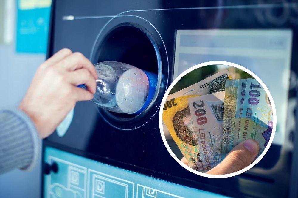 imagine cu un barbat care returneaza o sticla reciclabila si un teanc de lei romanesti