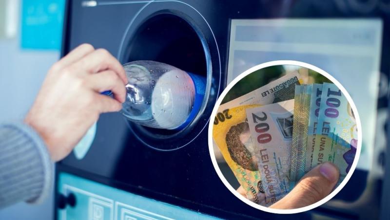 imagine cu un barbat care returneaza o sticla reciclabila si un teanc de lei romanesti