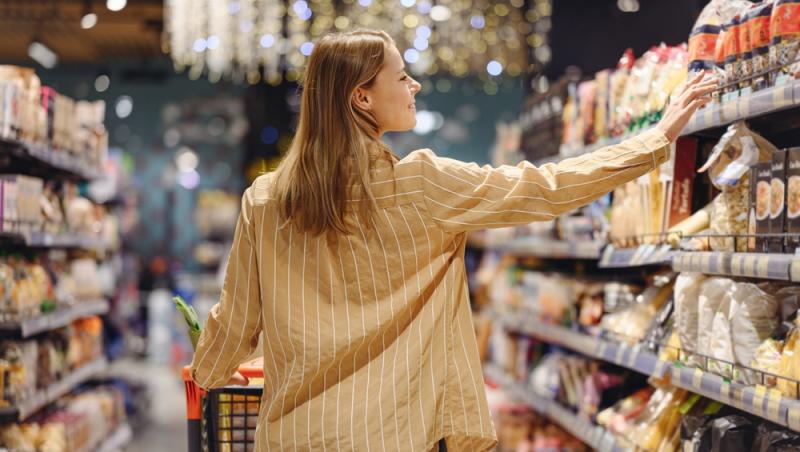 tânără care se întinde să ia ceva de pe raft într-un supermarket