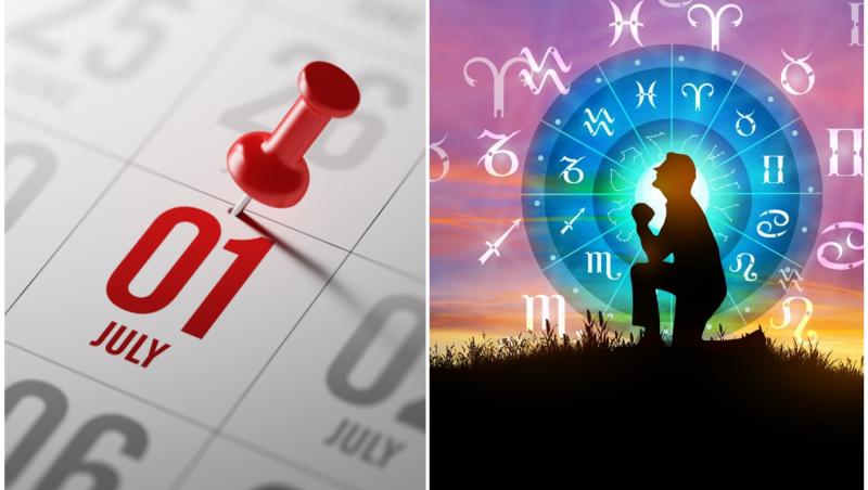 colaj foto cu data de 1 iulie in calendar si un om rugandu-se in genunchi la cer si semnul zodiilor