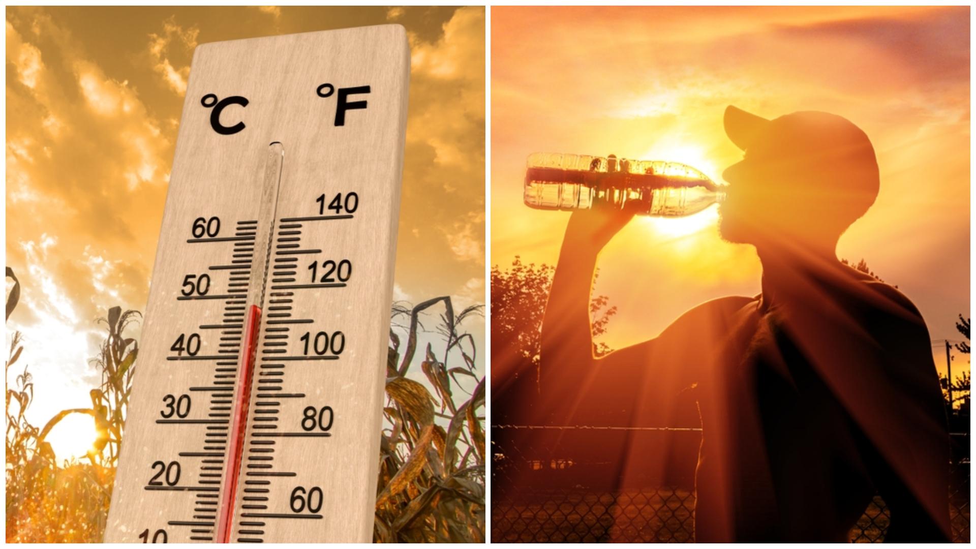 Colaj cu termometru și o persoană care bea apă