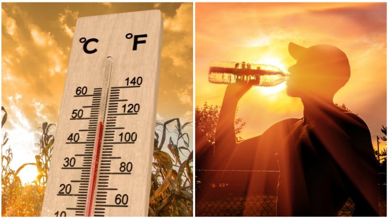 Colaj cu termometru și o persoană care bea apă