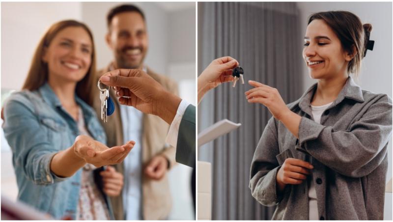 Agent imobiliar care înmânează cheile unor cumpărători fericiti, un cuplu și o tânără