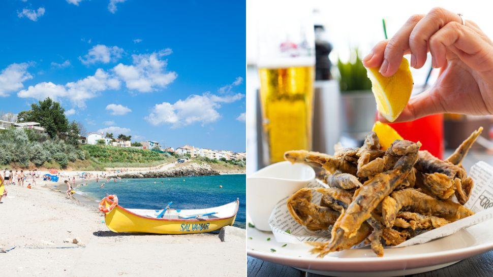 colaj peisaj de pe litoralul românesc cu o barcă și mână care stoarce o lămâie peste hamsii