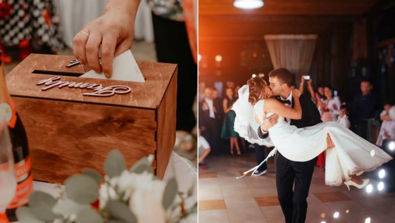 colaj mână care introduce un plic în cutia pentru darul de nuntă, mire și mireasă dansând