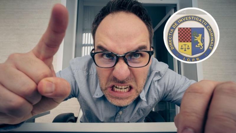 colaj bărbat furios în fața laptopului și sigla direcției de investigații criminale