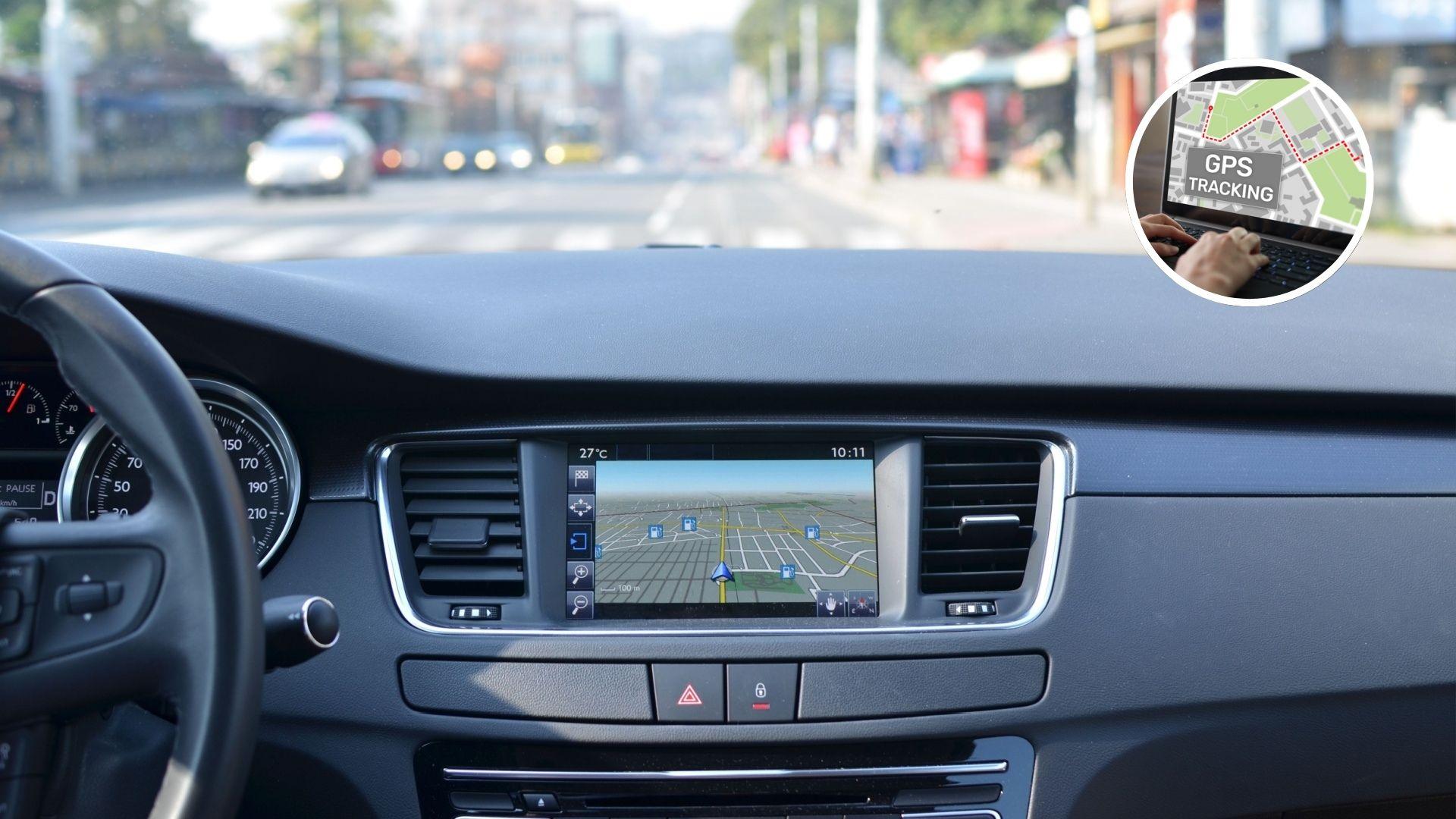 Șoferul unei mașini care controlează navigatorul și o imagine cu un laptop unde este verificată locația autoturismului