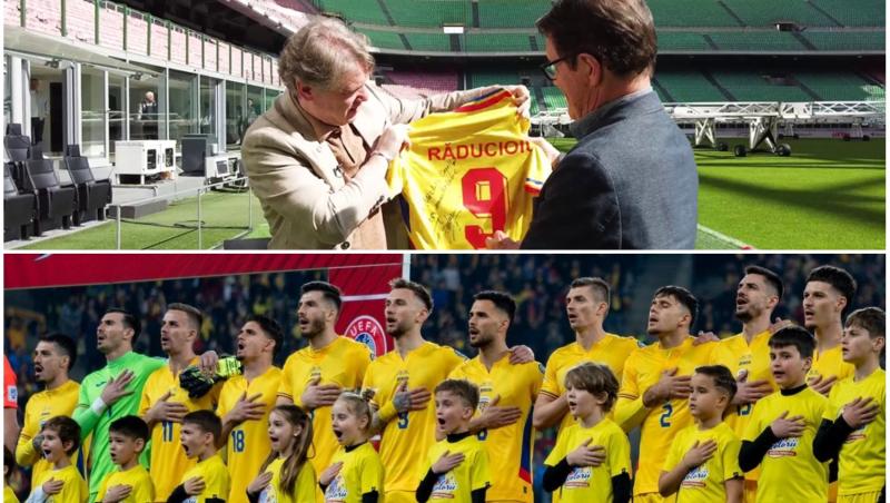 colaj foto cu echipa de fotbal a romaniei si poza cu florin raducioiu privind un tricou galben de fotbal cu numele lui