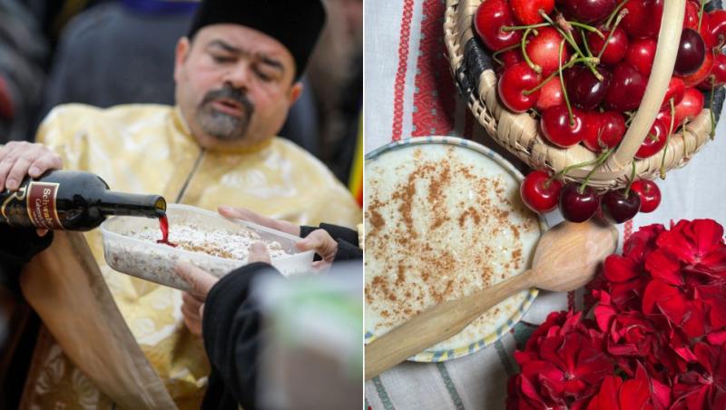 colaj preot care face veșnica pomenire cu o colivă în mână peste care toarnă vin și pachet de moșii de vară cu griș cu lapte, flori și cireșe