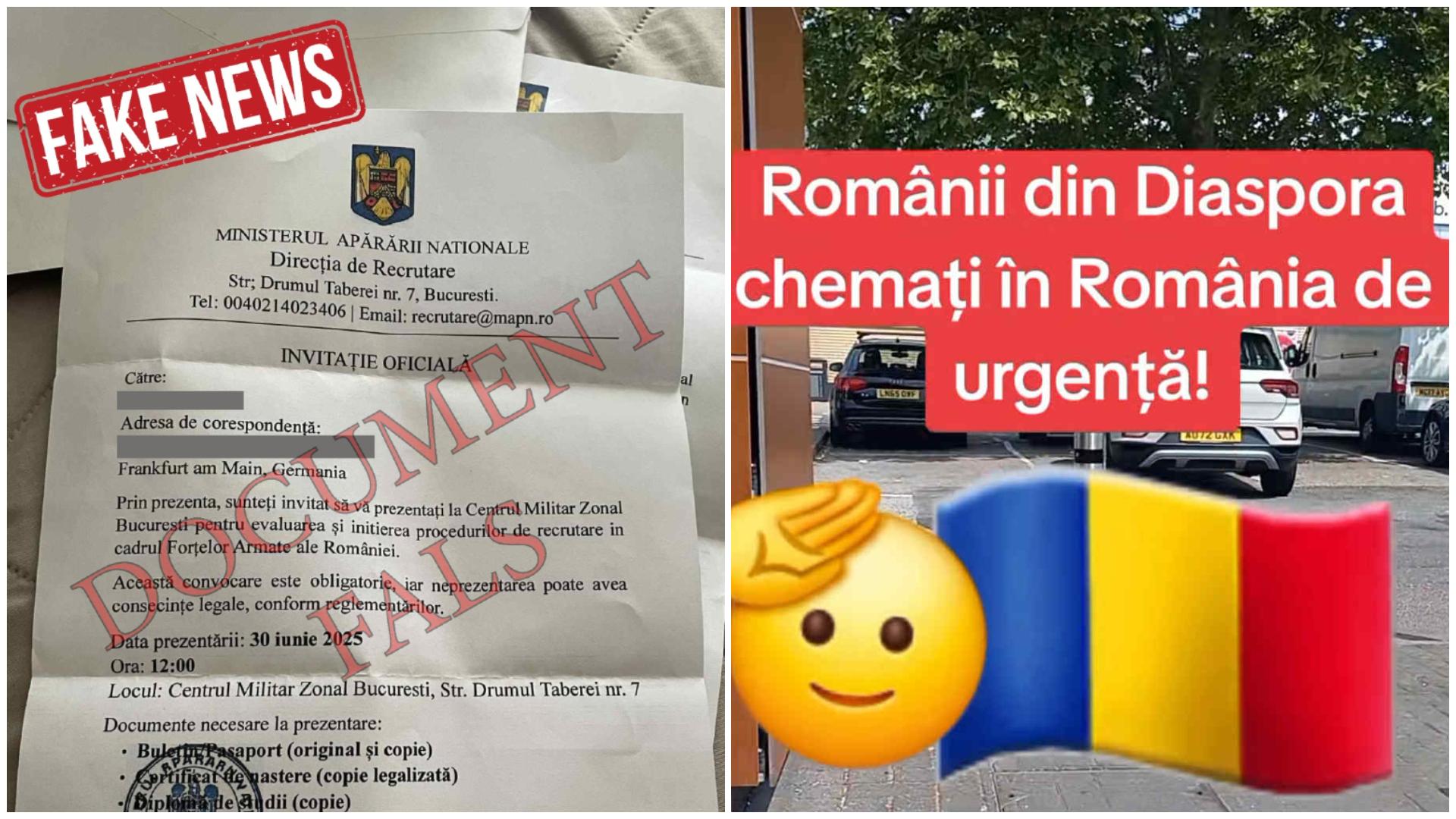 FAKE NEWS dezmințit de MApN: Rom&acirc;nii din diaspora nu sunt chemați la centre de recrutare din țară. Documentele trimise sunt false
