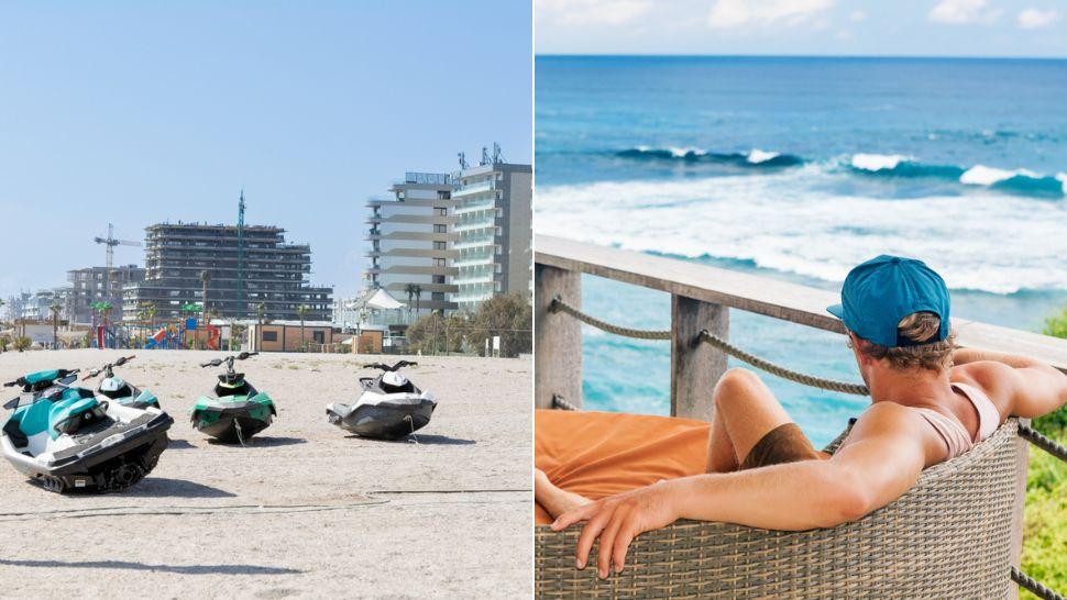 colaj turist care privește marea de pe balcon și hoteluri cu vedere la plajă în mamaia