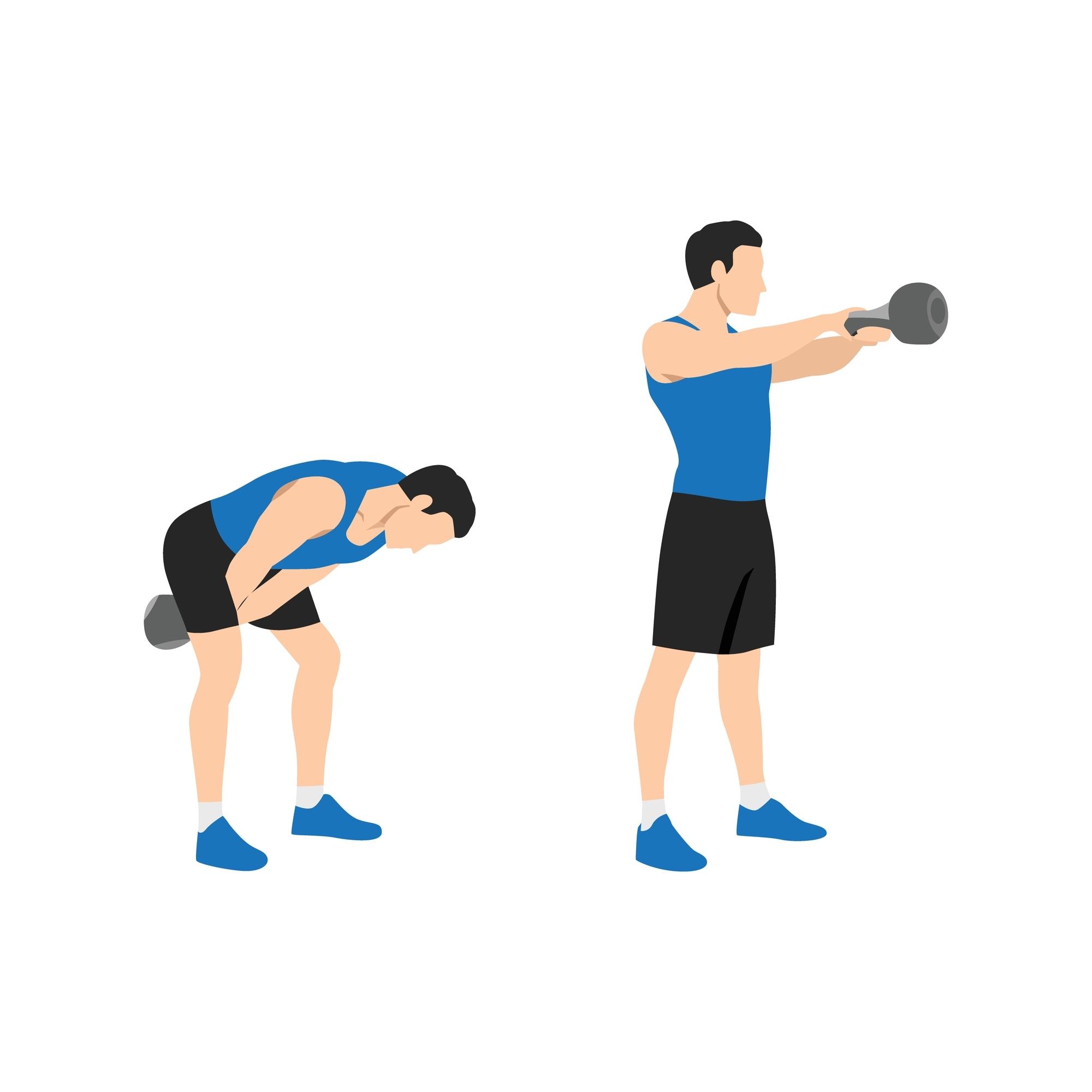 ilustrație cu un bărbat care face balansări cu kettlebell sau gantera cu mâner