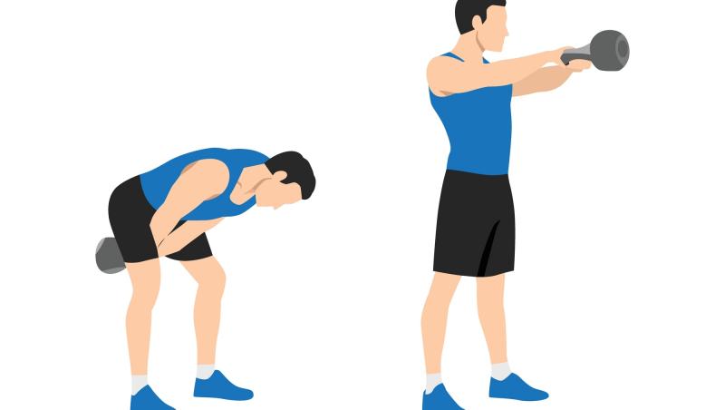 ilustrație cu un bărbat care face balansări cu kettlebell sau gantera cu mâner