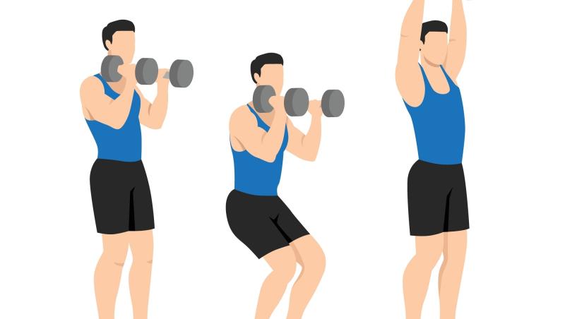 ilustrație cu un bărbat care face exercițiul push ress cu gantere