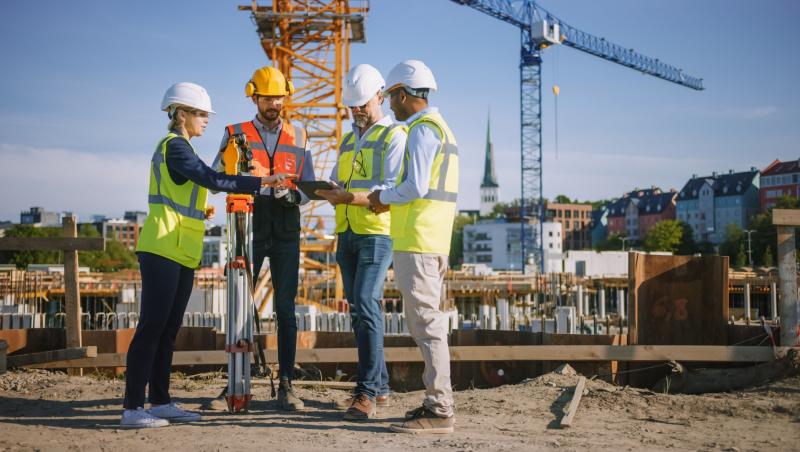 O echipă de specialiști care folosește o tabletă pe un șantier de construcții