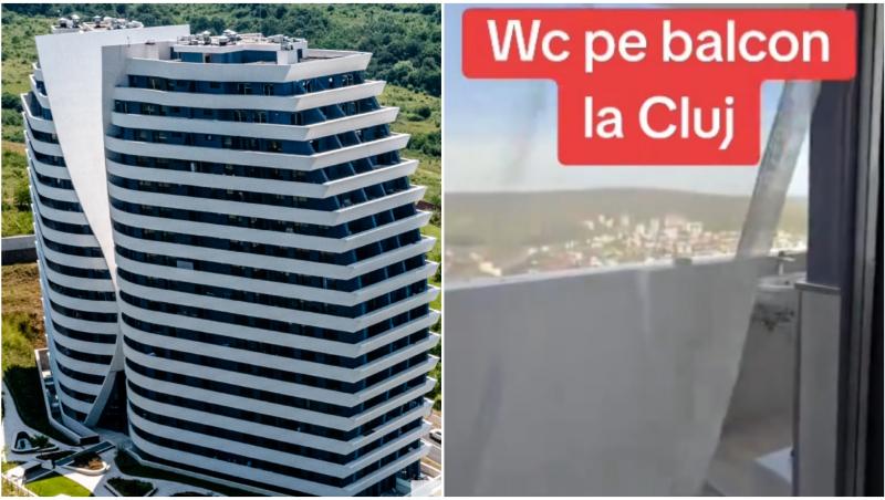 Complexul Wings din Cluj Napoca și terasa unui apartament în care este amplasată o chiuvetă, o cadă, un wc și un grătar electric