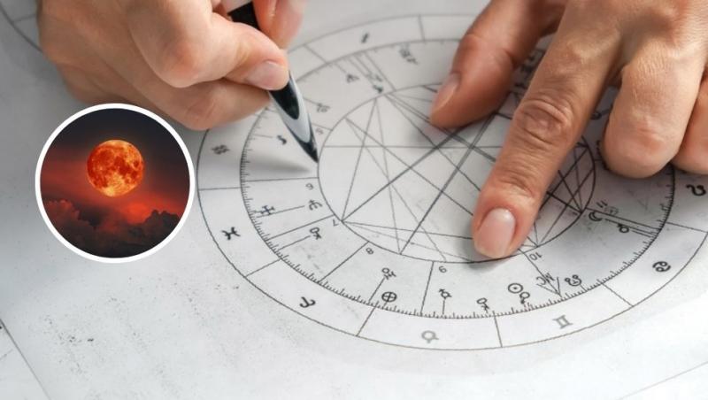 colaj mâin care trasează linii oe o foaie cu grafică astrologică și lună plină roșie