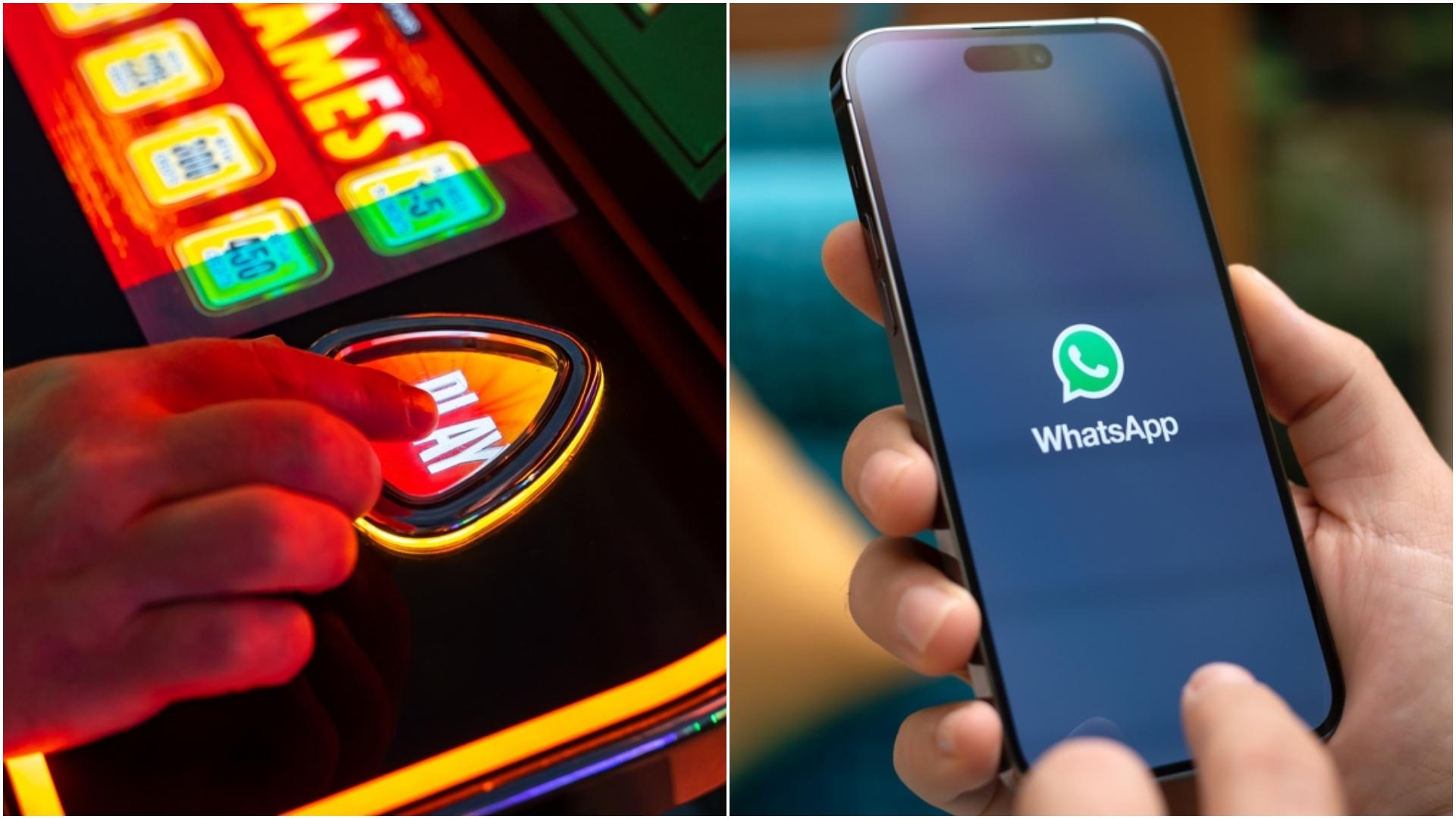 colaj foto joc de noroc si un barbat care tine un telefon cu sigla whatsapp in mana