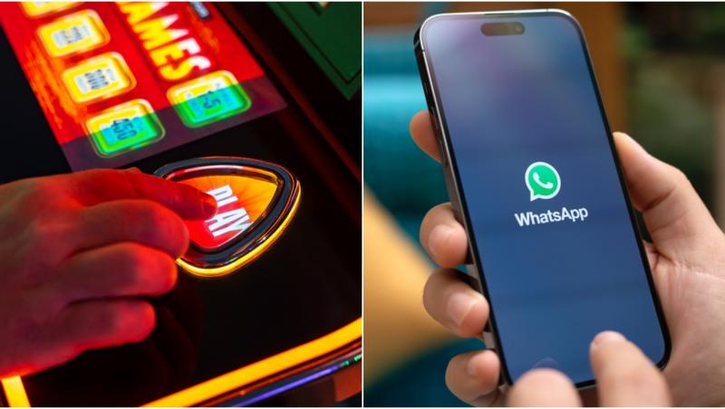 colaj foto joc de noroc si un barbat care tine un telefon cu sigla whatsapp in mana