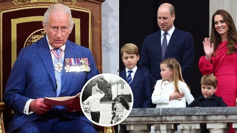colaj regele charles al III-lea, prințul william, kate middleton, prințul george, prințesa charlotte și prințul louis, prințul harry cu lilibete, archie și meghan markle