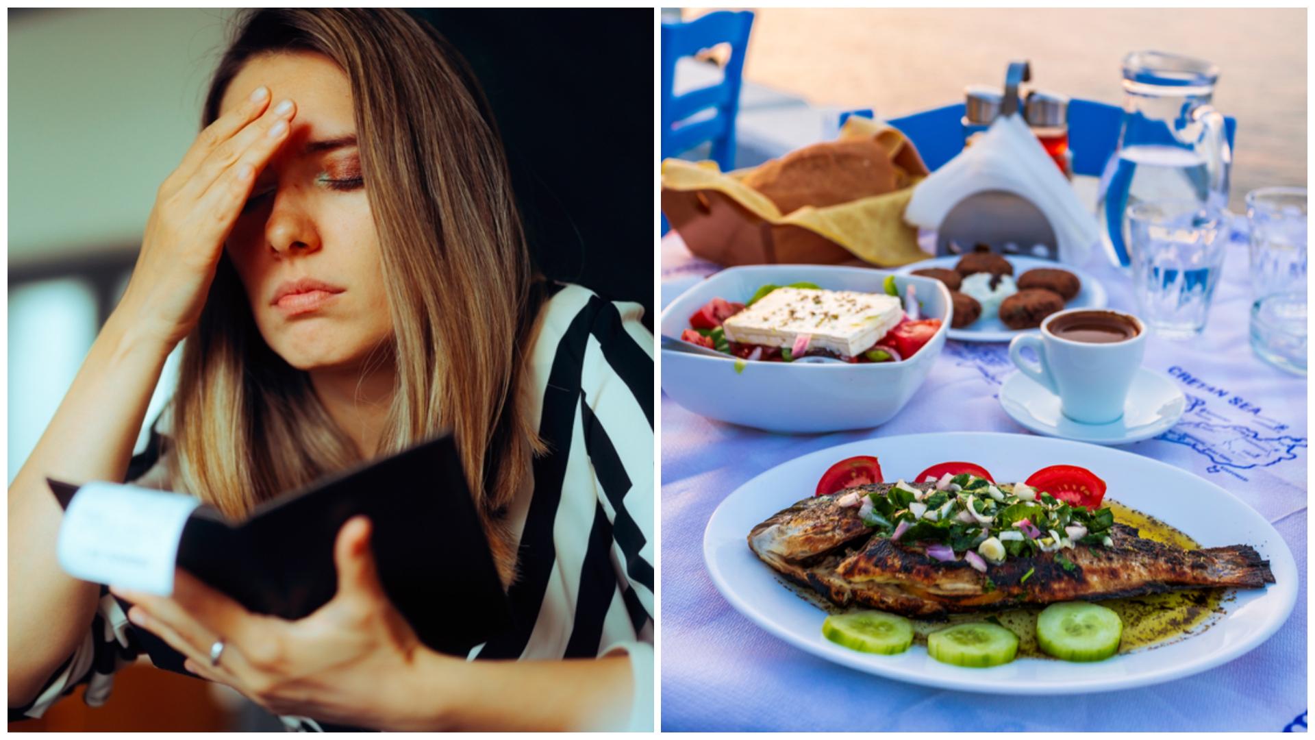 O turistă care se uită pe nota de plată și o masă cu un pește și alte preparate în Grecia